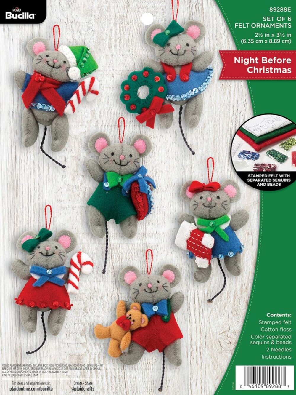 89288E Felt Applique Christmas Ornament Kit, Night Before Christmas, Set of 6